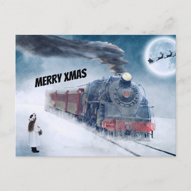 Cartes Pour Fêtes Annuelles Train de Noël d'hiver avec fille (Devant)