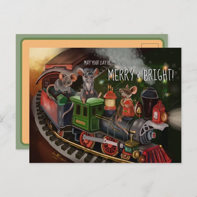 Cartes Pour Fêtes Annuelles Train de vacances de la Souris joyeuse   (Devant / Derrière)