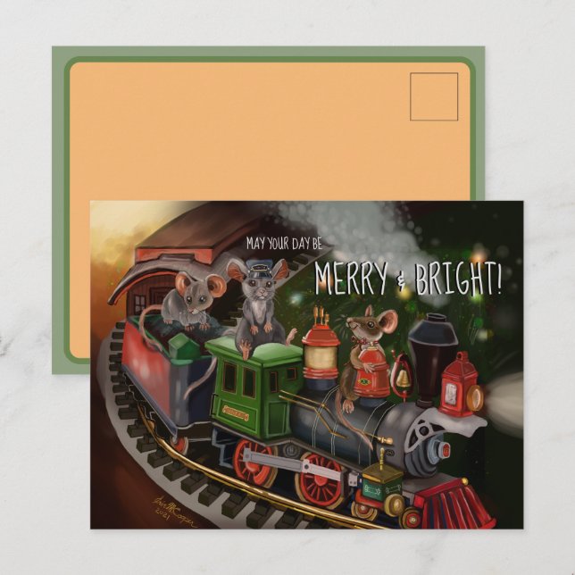 Cartes Pour Fêtes Annuelles Train de vacances Merry Mouse (Devant / Derrière)