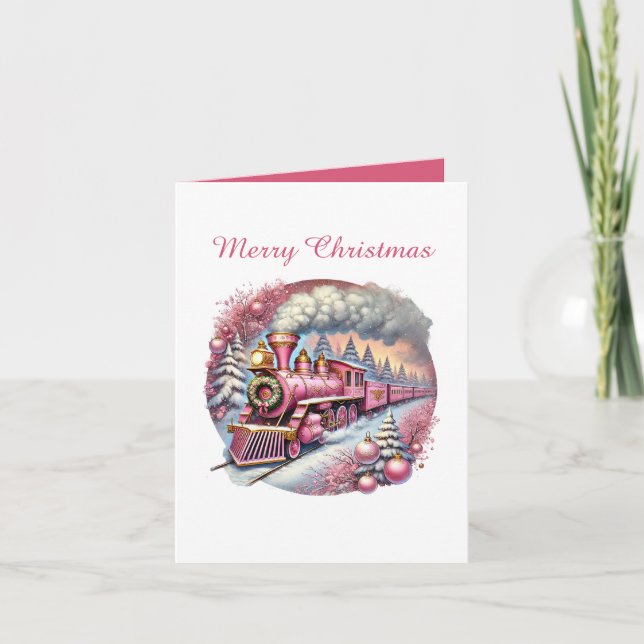 Cartes Pour Fêtes Annuelles Train personnalisable Festive rose Noël (Devant)