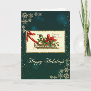 Cartes Pour Fêtes Annuelles Traîneau de Noël vintage, flocons de neige verts