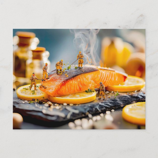 Cartes Pour Fêtes Annuelles travailleurs miniatures grillant du saumon au citr (Devant)