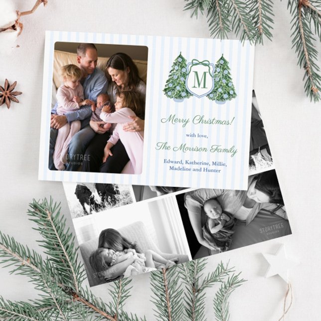 Cartes Pour Fêtes Annuelles Trendy Monogram Blue Green Bow Stripes Photo (Modern preppy monogram merry christmas holidays card with hand-drawn and watercolor elements)