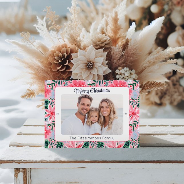 Cartes Pour Fêtes Annuelles Trendy Pink Modern Merry Christmas Photo (Tropical Pink Floral Christmas Card)
