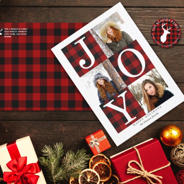 Cartes Pour Fêtes Annuelles Très joli | 3 Photo (Elegant buffalo plaid 3-photo Christmas holiday card.)
