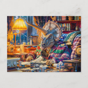 Cartes Pour Fêtes Annuelles Tricot Tricératops dans un fauteuil confortable