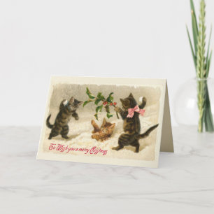 Cartes Pour Fêtes Annuelles Trois chats et une branche de houx