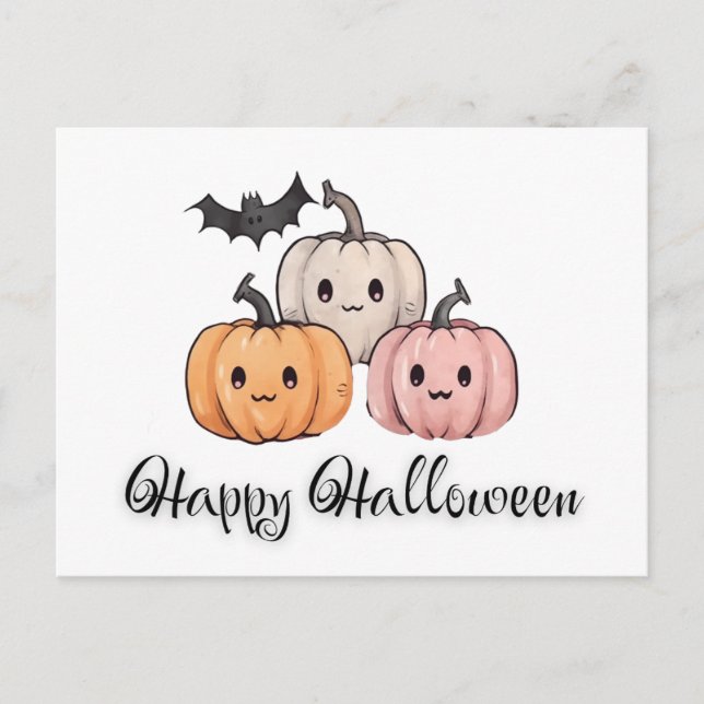 Cartes Pour Fêtes Annuelles Trois Citrouilles et Bat Cute Happy Halloween (Devant)