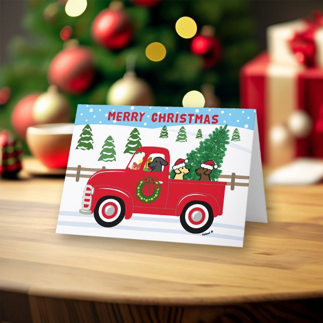 Cartes Pour Fêtes Annuelles Trois Labradors Camion Rouge Noël (Three Labradors and Vintage Red Truck design Christmas Cards for Labrador Owners.  Festive design.)