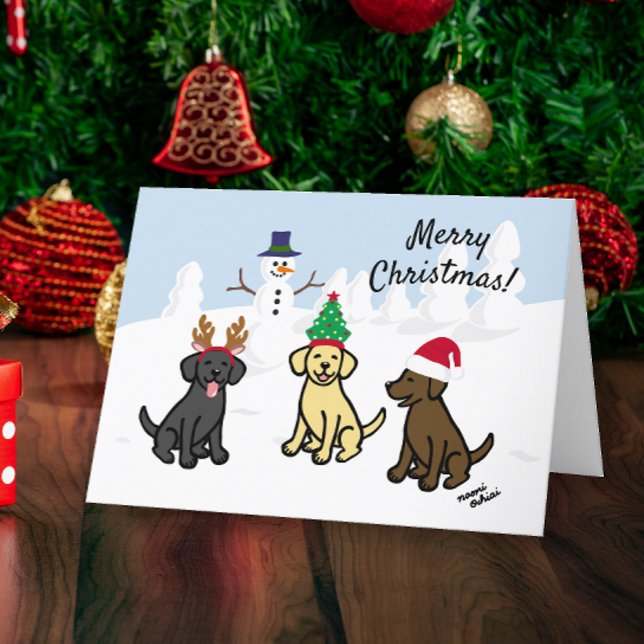 Cartes Pour Fêtes Annuelles Trois Labradors et Noël Snowman (Three Labradors and Snowman Design Christmas Cards for Labrador Owners.  Cute cartoon style design.)