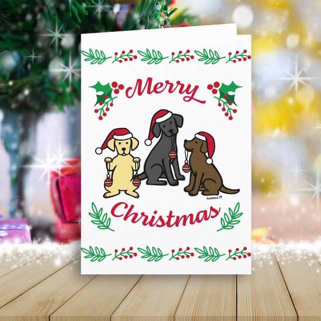 Cartes Pour Fêtes Annuelles Trois Labradors et Ornements Noël (Three Labradors and Ornaments Design Christmas Cards for Labrador Retriever Owners.  Cartoon Design.)
