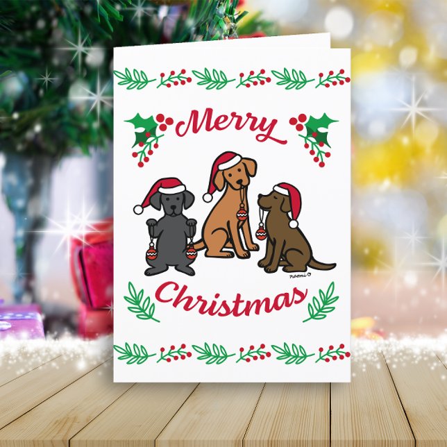 Cartes Pour Fêtes Annuelles Trois labradors et ornements Noël (Three Labradors and Ornaments Design Christmas Cards for Labrador Retriever Owners.  Cartoon Design.)