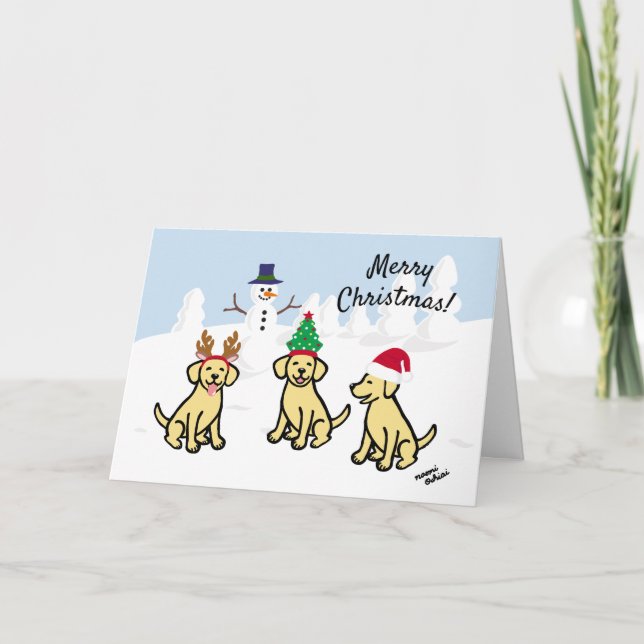 Cartes Pour Fêtes Annuelles Trois Labradors Jaunes et Noël des Snowman (Devant)