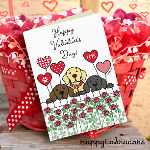Cartes Pour Fêtes Annuelles Trois Labradors regardent Valentine Roses