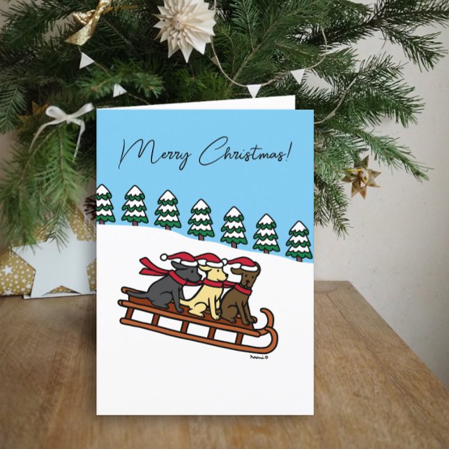 Cartes Pour Fêtes Annuelles Trois Labradors Vue Glissade Chien de Traîneau Nei (Three Labradors Sled Sliding Design Christmas Card for Labrador Owners.  Snow View Background.)