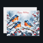 Cartes Pour Fêtes Annuelles Trois petits oiseaux chanteurs et des baies rouges<br><div class="desc">Trois mignons petits oiseaux se perchent sur une branche enneigée,  entourés de baies rouges et brillantes,  tandis que la neige tombe doucement autour d'eux. Très belle et charmante carte de séjour.</div>