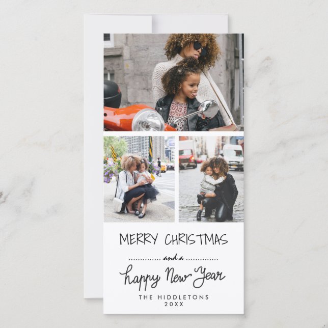 Cartes Pour Fêtes Annuelles Trois photo Joyeux Noël Joyeux Joyeux Jour de l'An (Devant)