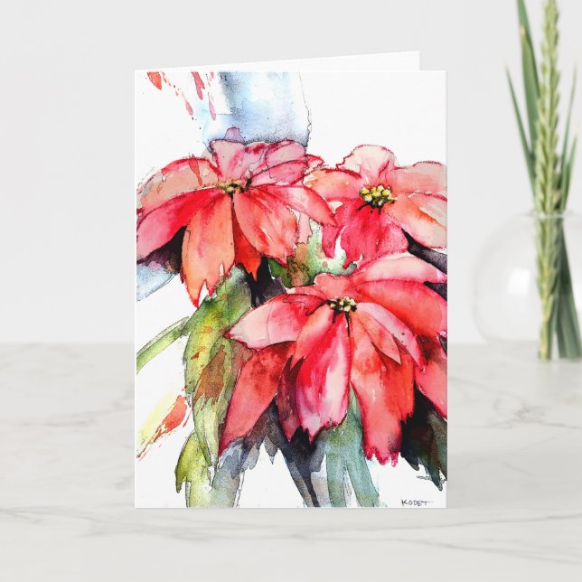 Cartes Pour Fêtes Annuelles Trois Poinsettias en Aquarelle (Devant)