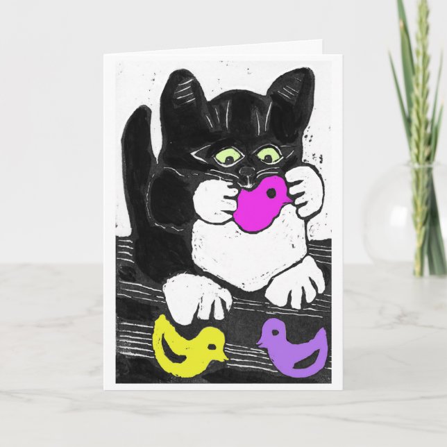 Cartes Pour Fêtes Annuelles Trois poussins de guimauve et un chaton affamé (Devant)