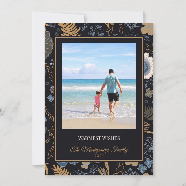 Cartes Pour Fêtes Annuelles Tropical Blue Gold Flowers Warm Wishes (Devant)