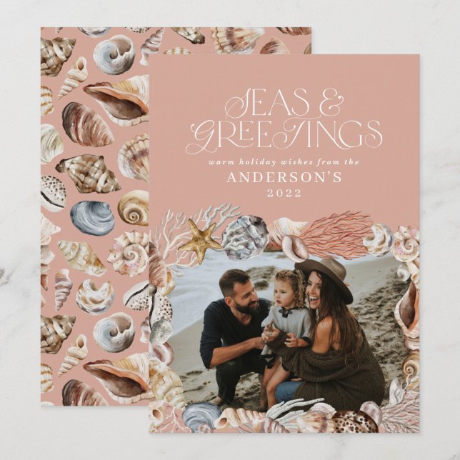 Cartes Pour Fêtes Annuelles Tropical chaud mer de Noël salutations photo rose (Devant / Derrière)