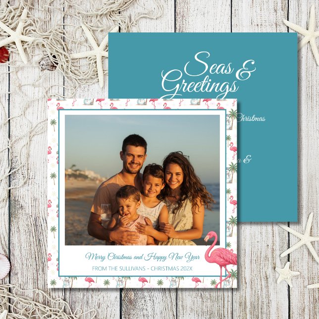 Cartes Pour Fêtes Annuelles Tropical Christmas Pink Flamingo Family Photo (Coastal Christmas tropical beach holiday card with pink flamingos, festive palm trees and snowman)