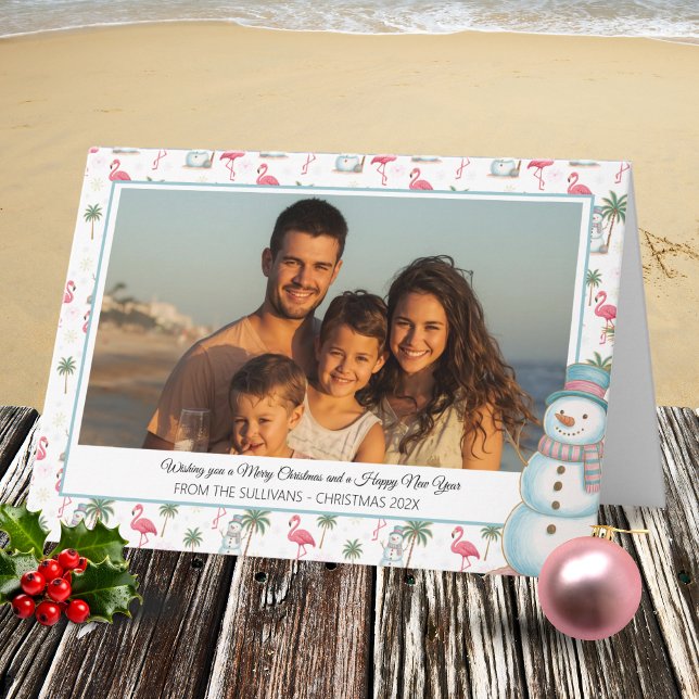 Cartes Pour Fêtes Annuelles Tropical Christmas Pink Flamingo & Palm Tree Photo (Pink Flamingo Tropical Christmas Holiday Photo Card with White background)