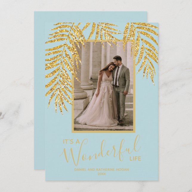 Cartes Pour Fêtes Annuelles Tropical Gold Palm Blue Christmas Photo (Devant / Derrière)