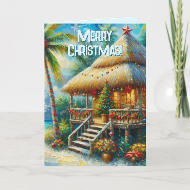 Cartes Pour Fêtes Annuelles Tropical Hut Arbre de Noël Palmier Lumières de Pla (Devant)