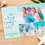 Cartes Pour Fêtes Annuelles Tropical or Nautical SEAsons Greetings | Stripe<br><div class="desc">A fun, tropical or nautical play on "Season's Greetings" with the words "Seas AND Greetings" in modern, elegant script typography in tranquil underwater colors accented with starfish against an aqua/teal striped background. This beach and aquatic themed holiday greeting coordinates with your beach, cruise, and tropical vacation photos or you're sending...</div>