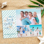 Cartes Pour Fêtes Annuelles Tropical or Nautical SEAsons Greetings | Stripe<br><div class="desc">A fun, tropical or nautical play on "Season's Greetings" with the words "Seas AND Greetings" in modern, elegant script typography in tranquil underwater colors accented with starfish against an aqua/teal striped background. This beach and aquatic themed holiday greeting coordinates with your beach, cruise, and tropical vacation photos or you're sending...</div>