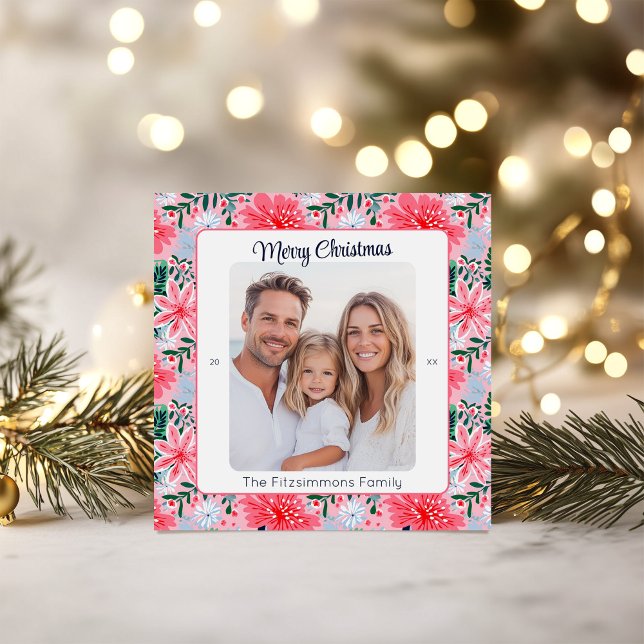 Cartes Pour Fêtes Annuelles Tropical Pink Christmas Floral Photo (Tropical Pink Floral Christmas Card)