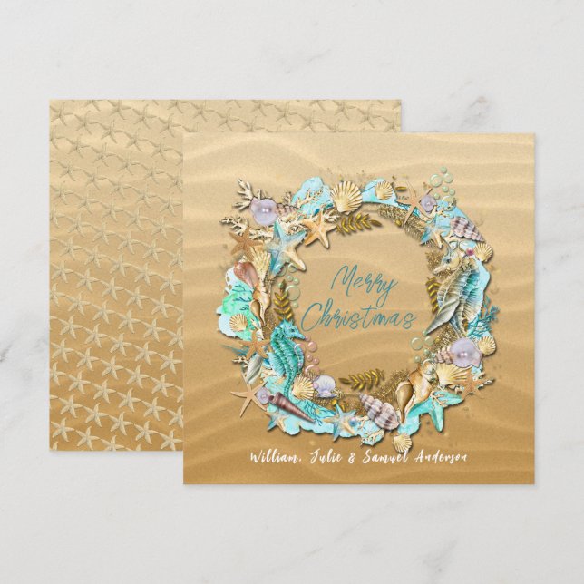 Cartes Pour Fêtes Annuelles Tropical plage coquillages étoile de mer dollar de (Devant / Derrière)