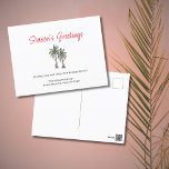 Cartes Pour Fêtes Annuelles Tropical Simple Palm Trees Beach Noël<br><div class="desc">Carte postale de voeux de Noël tropical,  avec illustration de palmiers et typographie de script. Avec des lettres personnalisables en rouge et noir,  vous ajoutez vos propres informations. Une façon joyeuse et festive envoyer des voeux de vacances à des amis et à la famille de la plage.</div>