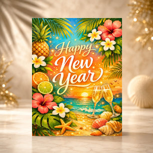 Cartes Pour Fêtes Annuelles Tropical Sunset Champagne Bonne Année