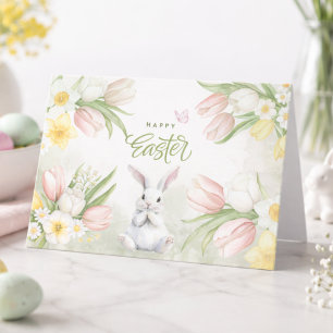 Cartes Pour Fêtes Annuelles Tulipes Pâques Lapin Pastel Rose Aquarelle