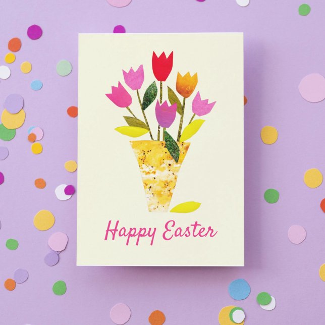 Cartes Pour Fêtes Annuelles Tulipes Printemps Rétro Illustré à la main Pâques  (This traditional Easter card features colorful vintage-inspired bright pastel-colored tulips.)