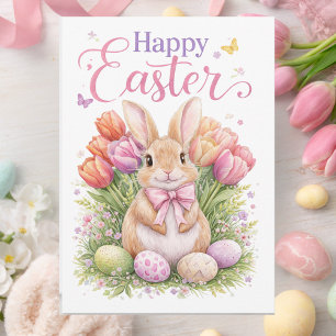 Cartes Pour Fêtes Annuelles Tulipes roses pastel Lapin de Pâques Joyeuses Pâqu