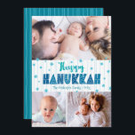 Cartes Pour Fêtes Annuelles Turquoise 3 Photo Happy Hanoukka Modern Typographi<br><div class="desc">"Bonne Hanoukka." Une typographie artisanale amusante, ludique et fantaisiste, accompagnée d'une Star of David motif aléatoire en bleu clair, le tout recouvrant des lignes dessinées à la main bleu aqua clair sur un arrière - plan blanc, avec 3 photos de votre choix, vous aide à ouvrir Hanoukka. Des lignes turquoise...</div>