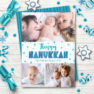 Cartes Pour Fêtes Annuelles Turquoise 3 Photo Joyeux Hanukkah Typographie Mode
