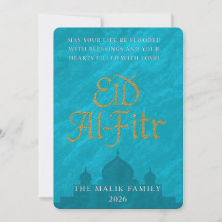 Cartes Pour Fêtes Annuelles Turquoise & Gold Script Aïd Al-Fitr Salutation