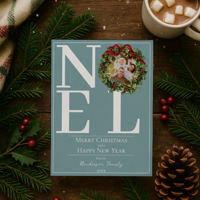 Cartes Pour Fêtes Annuelles Turquoise Noel Christmas Wreath Photo (Teal Noel Christmas Wreath Photo Holiday Card)