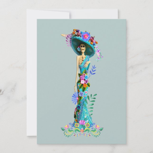 Cartes Pour Fêtes Annuelles Turquoise & Rose Jour des Morts Élégant Catrina (Devant)