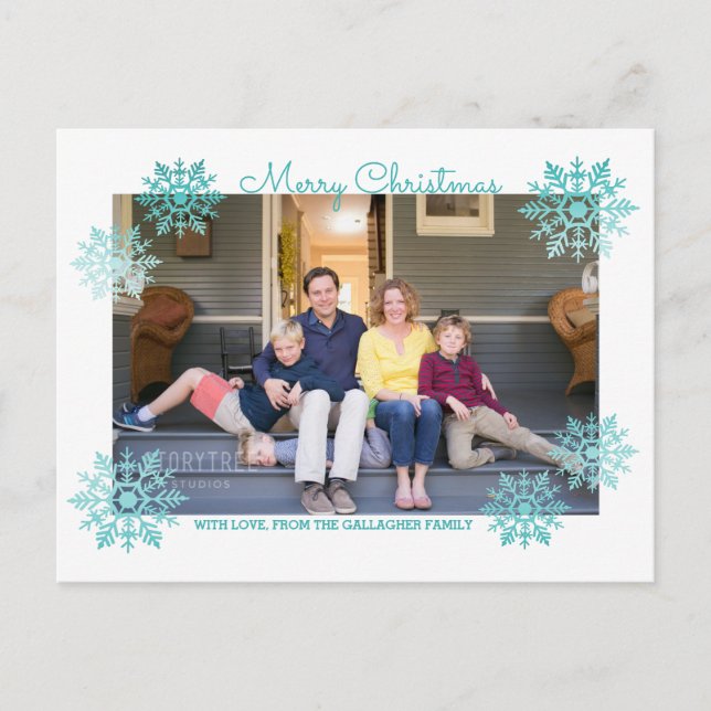 Cartes Pour Fêtes Annuelles Turquoise Shimmerger Chic Snowflake photo de vacan (Devant)