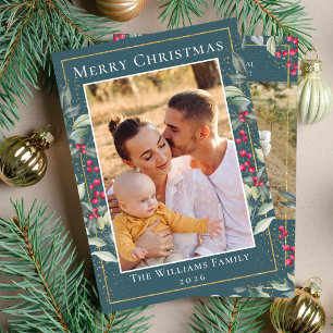 Cartes Pour Fêtes Annuelles Turquoise Vert Or Noël Holly Berries 2 Photo