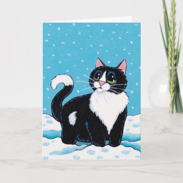 Cartes Pour Fêtes Annuelles Tuxedo Cat debout genou profond dans la peinture d (Devant)