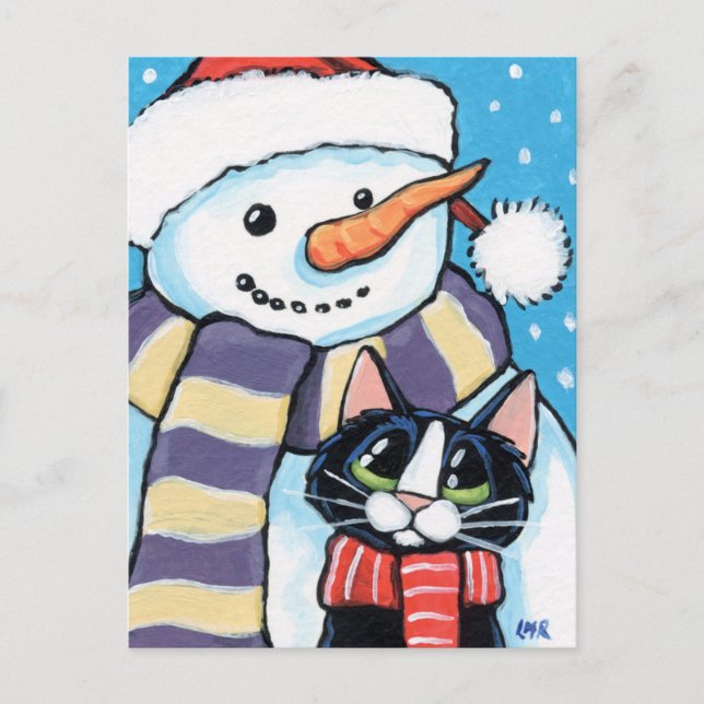 Cartes Pour Fêtes Annuelles Tuxedo Chat et Carotte Nez Snowman Peinture (Devant)