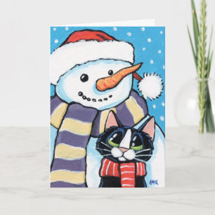 Cartes Pour Fêtes Annuelles Tuxedo Chat et Carotte Nez Snowman Peinture