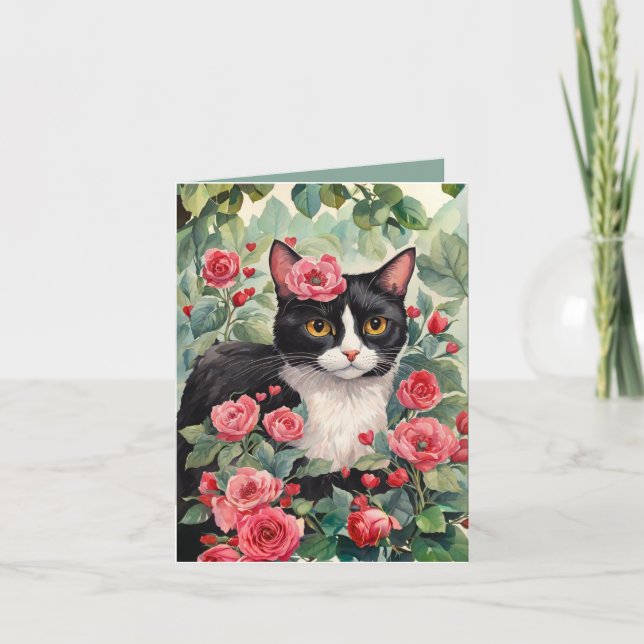 Cartes Pour Fêtes Annuelles Tuxedo Chat & Rose Valentine's Day Card (Devant)