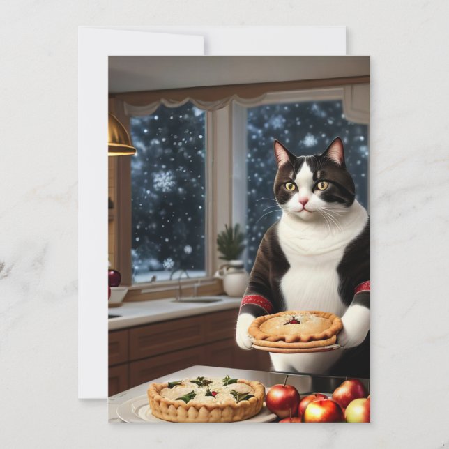 Cartes Pour Fêtes Annuelles Tuxedo Chat tenant une tarte de Noël (Devant)